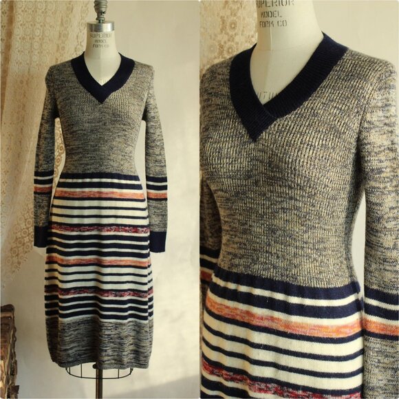 jon michael Dresses & Skirts - Vintage 1970s Dress, Jon Michael Wool Sweater Dress, Horizontal Striped V Neck